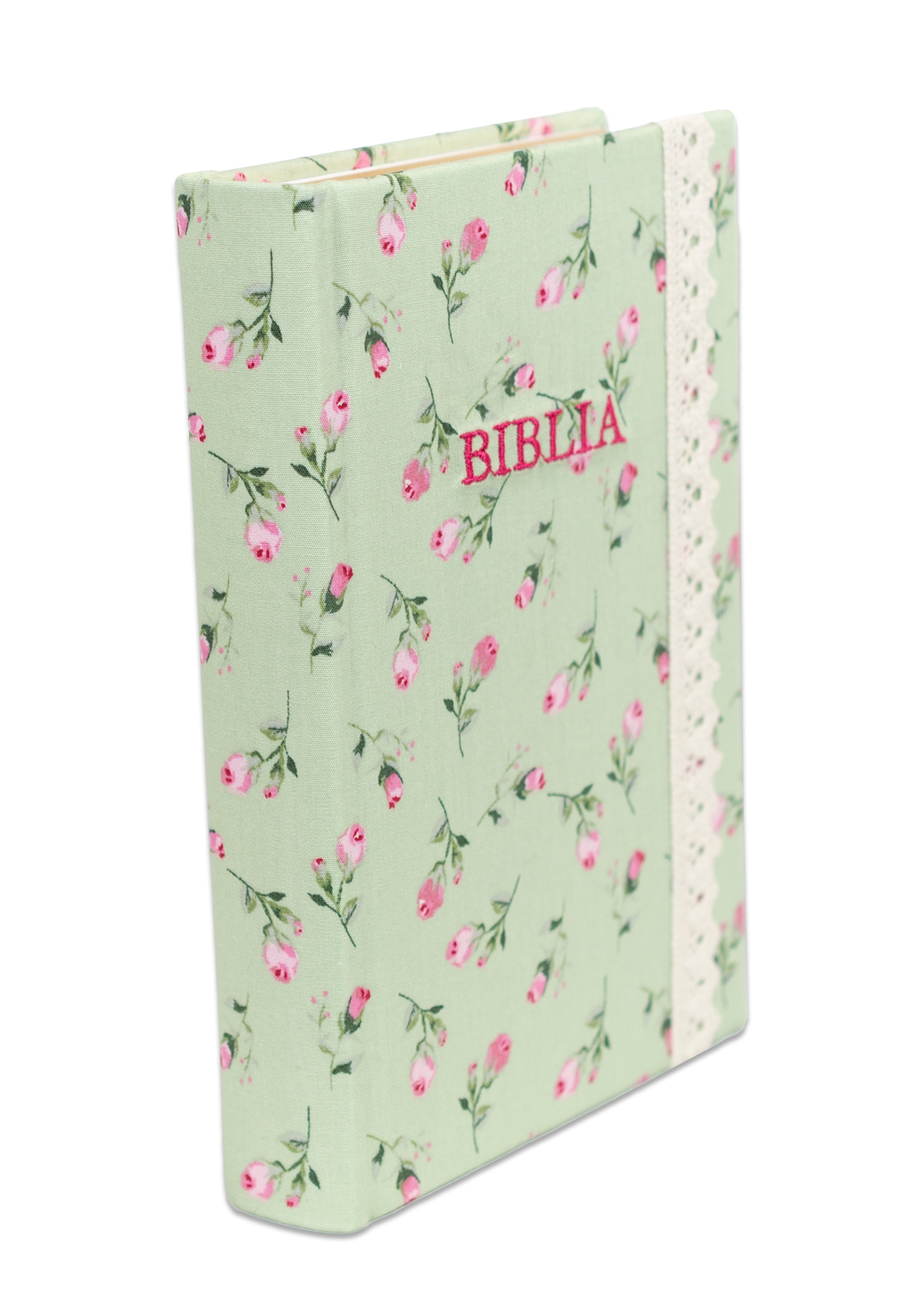 Biblia handmade, model 15, marime medie, coperta tare textila, margini aurii, index, cuv. lui Isus cu rosu [SI 057 HM]