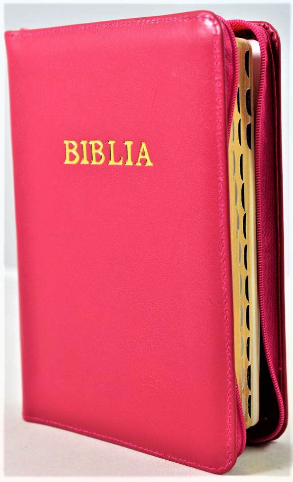 Biblie din piele, marime medie, roz inchis, fermoar, index, margini aurii, cuv. lui Isus cu rosu [SB 057 PFI]
