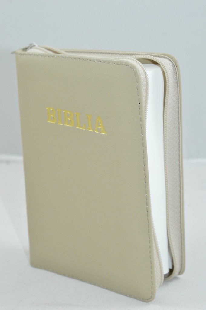 Biblie din piele, mica,culoare ocru , fermoar, margini albe, cuv. lui Isus in rosu [043 PF]