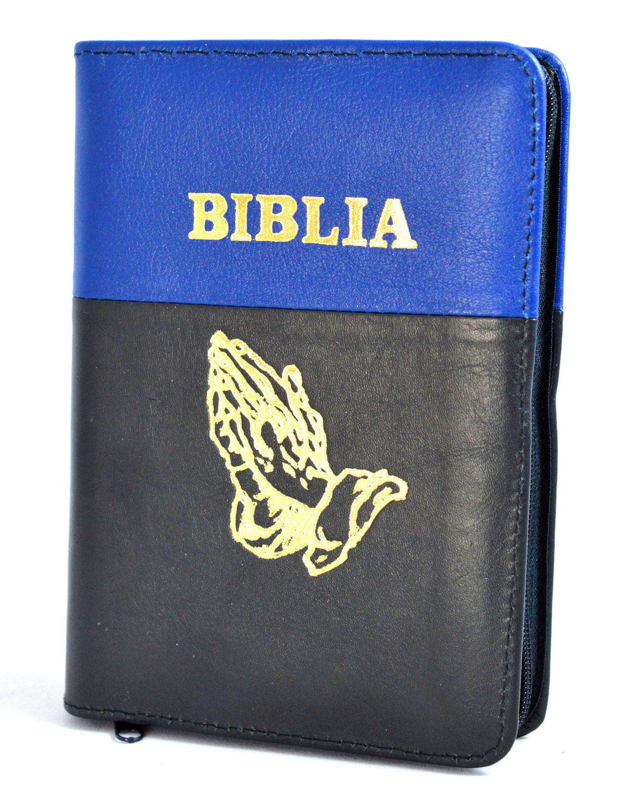 Biblia format mic, din piele, culoare indigo-negru, index, fermoar, margini argintii,simbol maini, cuv. lui Isus in rosu [047 PFI]