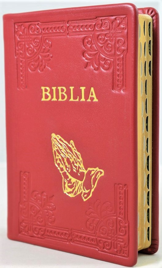 Biblia din piele, handmade, marime medie, rosie, margini aurii, index, simbol maini, cuv. lui Isus cu rosu [052 HMI]