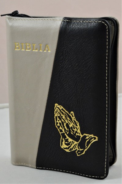 Biblie din piele, mica, bej/negru, fermoar, margini albe, simbolul maini in ruga, cuv. lui Isus in rosu [043 PF]