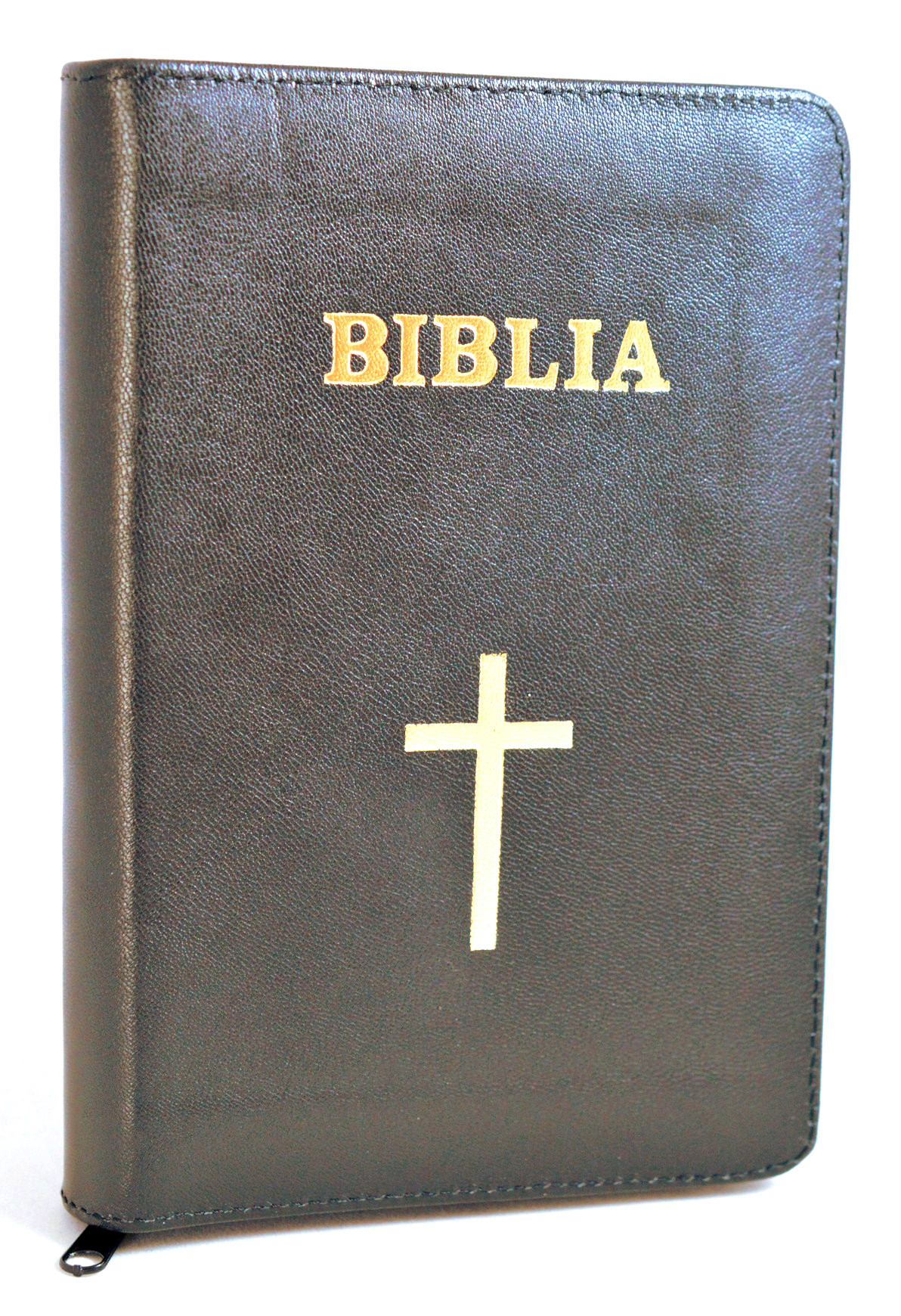 Biblie marime mica, din piele, culoare maro inchis, simbol cruce, fermoar [043 PF]