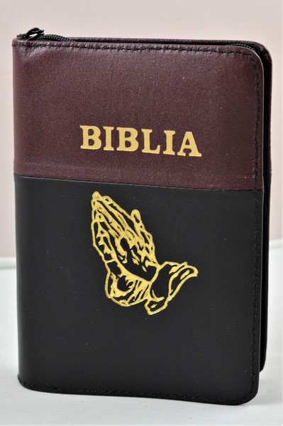 Biblie din piele, mica,  negru/visiniu, fermoar, margini albe, simbolul maini in ruga, cuv. lui Isus in rosu [043 PF]