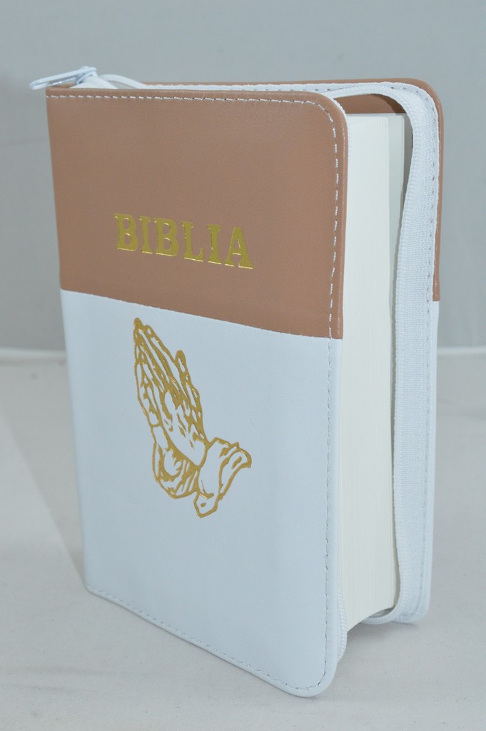Biblie din piele, mica, maro cu alb, fermoar, margini albe,simbol maini in ruga, cuv. lui Isus in rosu [043 PF]