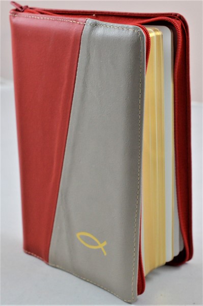 Biblia din piele, medie, rosu/bej, fermoar, aurita, simbol peste, cuv. lui Isus cu rosu [052]