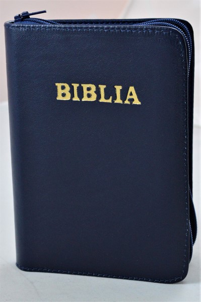 Biblia format mic, din piele, culoare bleumarin, index, fermoar, margini argintii, cuv. lui Isus in rosu [047 PFI]