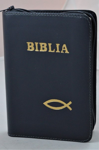 Biblia format mic, din piele, culoare bleumarin, index, fermoar, margini argintii, simbolul peste, cuv. lui Isus in rosu [047 PFI]