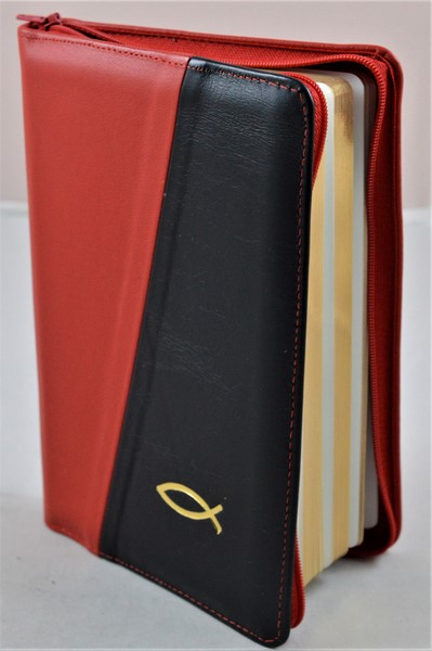 Biblia din piele, medie, rosu/negru, fermoar, aurita, simbol peste, cuv. lui Isus cu rosu [052]
