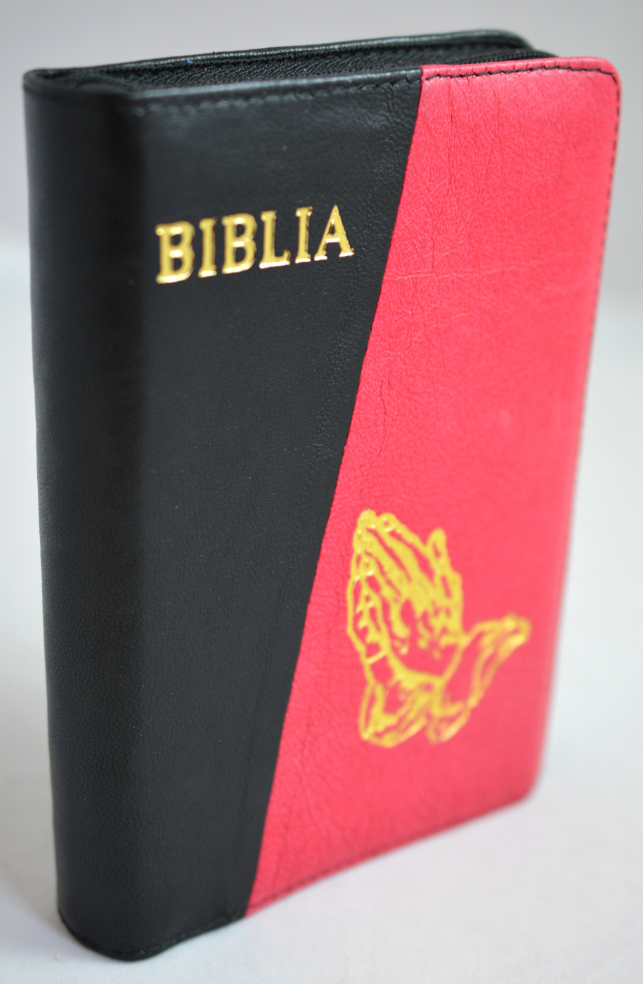Biblie din piele, mica, negru / roz inchis, fermoar, cu maini, cuv. lui Isus in rosu [043 A]