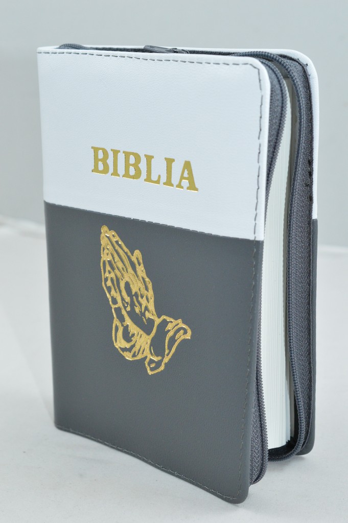 Biblie din piele, mica, alb cu gri, fermoar, margini albe,simbol maini in ruga, cuv. lui Isus in rosu [043 PF]