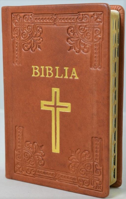 Biblia din piele, handmade, marime medie, maro deschis, margini aurii, index, simbol cruce, cuv. lui Isus cu rosu [052 HMI]