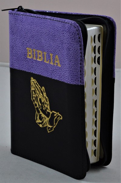 Biblia format mic, din piele, culoare mov cu imprimeu/negru, index, fermoar, margini argintii,simbolul maini in ruga, cuv. lui Isus in rosu [047 PFI]