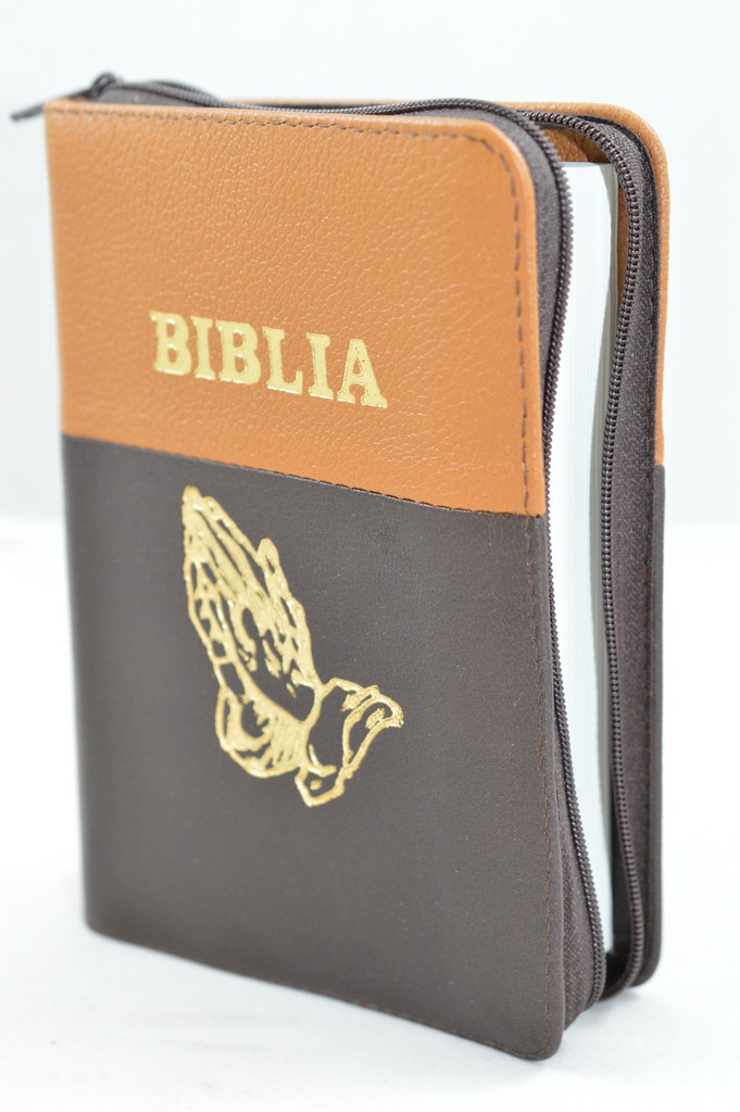 Biblie din piele, mica, maro cu maro inchis, fermoar, margini albe,simbol maini in ruga, cuv. lui Isus in rosu [043 PF]