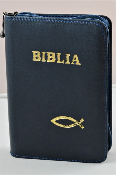 Biblie din piele, mica, bleumaren, fermoar, margini albe, simbolul peste, cuv. lui Isus in rosu [043 PF]