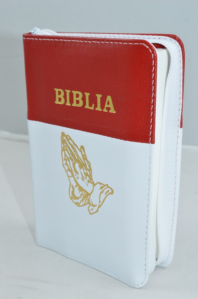 Biblie din piele, mica, rosie cu alb, fermoar, margini albe,simbol maini in ruga, cuv. lui Isus in rosu [043 PF]