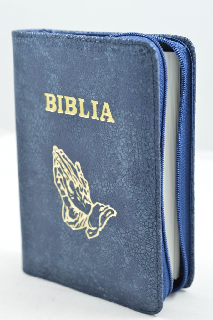 Biblie din piele, mica, albastru cu imprimeu, fermoar, margini albe, simbolul maini in ruga, cuv. lui Isus in rosu [043 PF]