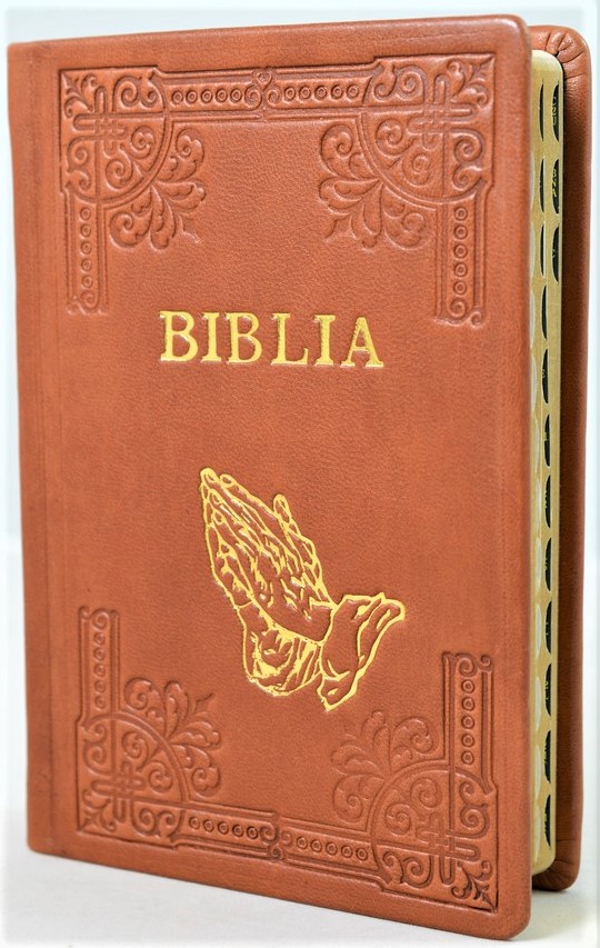Biblia din piele, handmade, marime medie, maro deschis, margini aurii, index, simbol maini, cuv. lui Isus cu rosu [052 HMI]