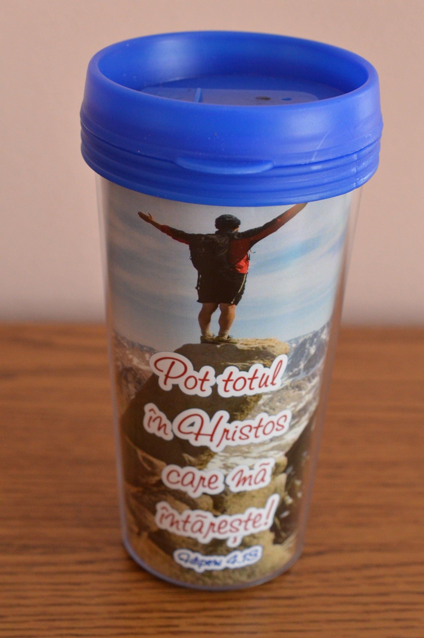 Cana termoizolanta -  Pot totul in Hristos care ma intareste (9x17cm) albastru Cana termoizolanta -  Pot totul in Hristos care ma intareste (9x17cm) albastru