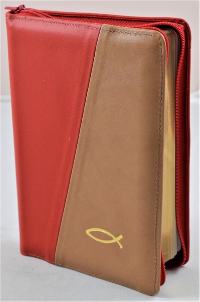 Biblia din piele, medie, rosu/cafeniu, fermoar, aurita, simbol peste, cuv. lui Isus cu rosu [052]