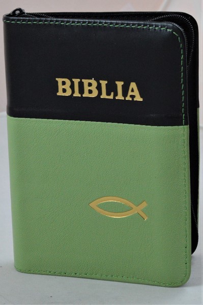Biblia format mic, din piele, culoare negru/verde, index, fermoar, margini argintii,simbolul peste, cuv. lui Isus in rosu [047 PFI]