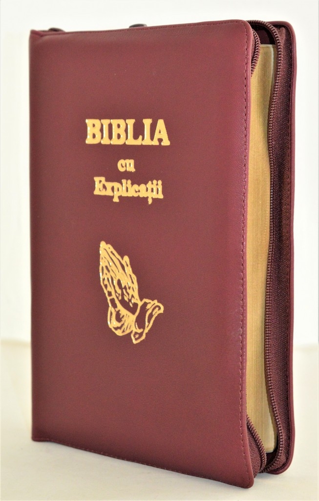 Biblia cu explicatii + concordanta biblica, piele naturala, visiniu inchis, fermoar, fara index, aurita, cuv. lui Isus cu rosu, simbol maini [CO 77 PF]