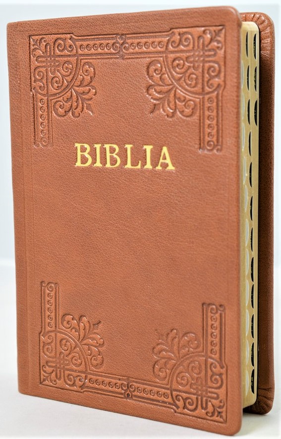 Biblia din piele, handmade, marime medie, maro deschis, margini aurii, index, cuv. lui Isus cu rosu [052 HMI]