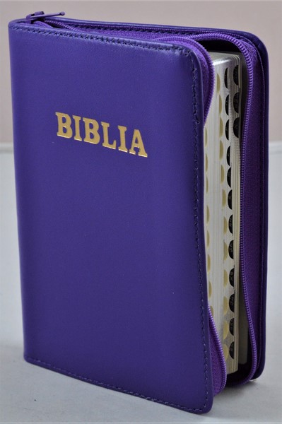 Biblia format mic, din piele, culoare mov, index, fermoar, margini argintii, cuv. lui Isus in rosu [047 PFI]
