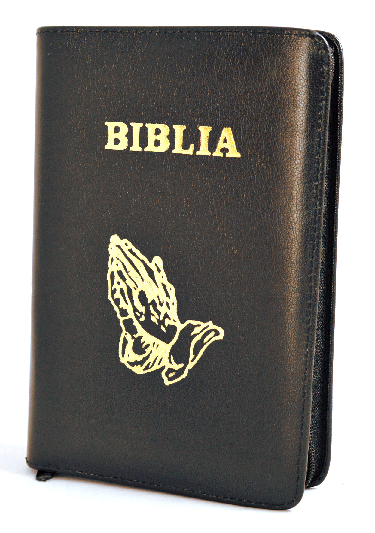Biblia marime mica, din piele, culoare maro inchis, simbol maini, fermoar [043 PF]