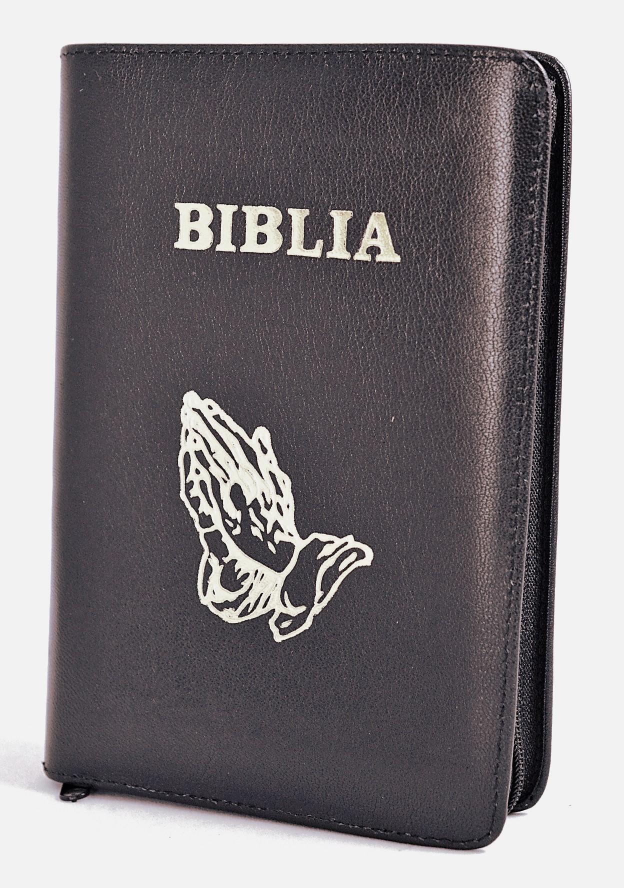 Biblia marime mica, din piele, fermoar, maro inchis, simbol maini, margini argintate, cuv. lui Isus cu rosu [043 PF]