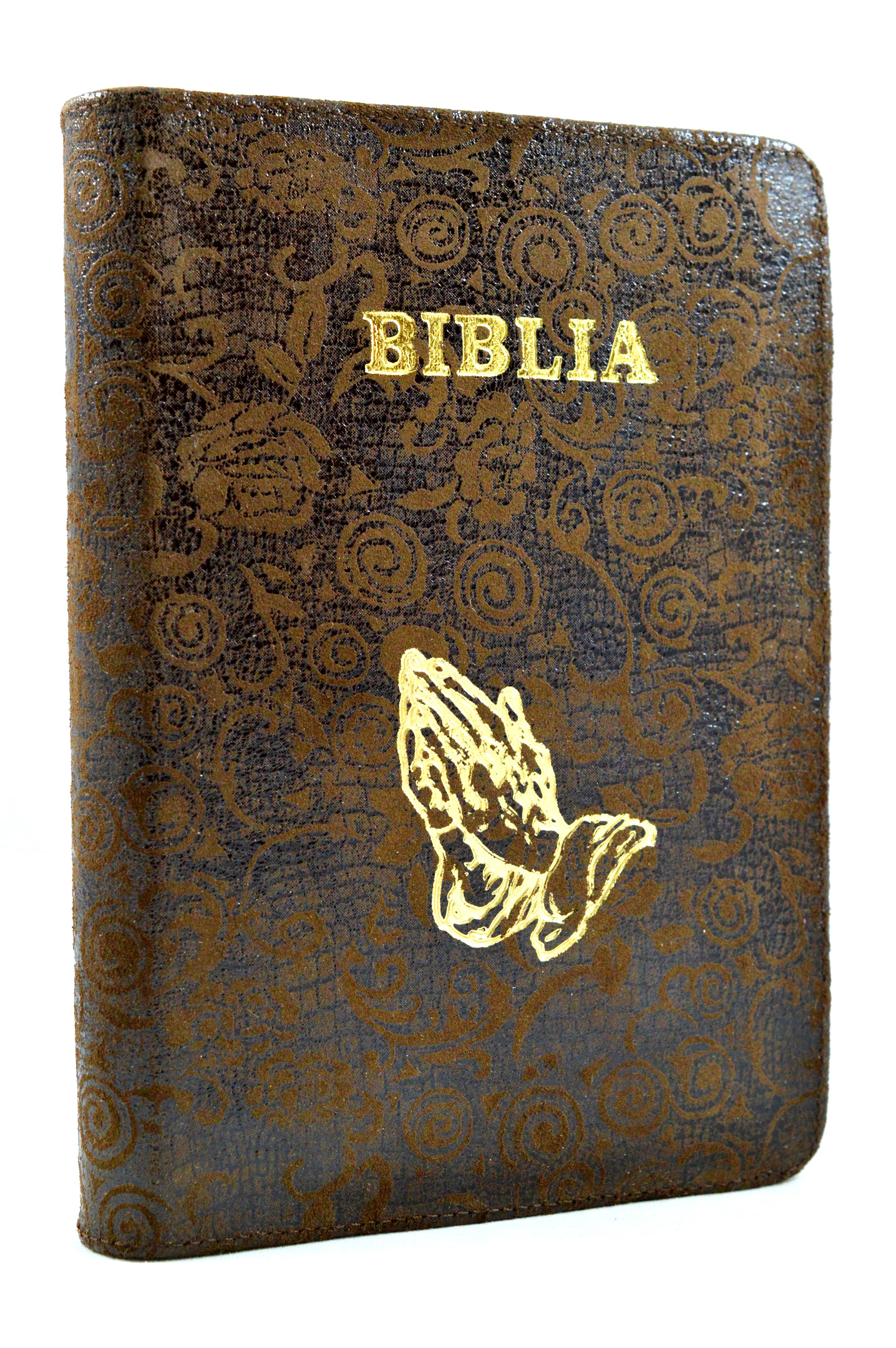 Biblia din piele, marime medie, maro inchis cu imprimeu, fermoar, simbol maini in ruga, cuv. lui Isus cu rosu [053]