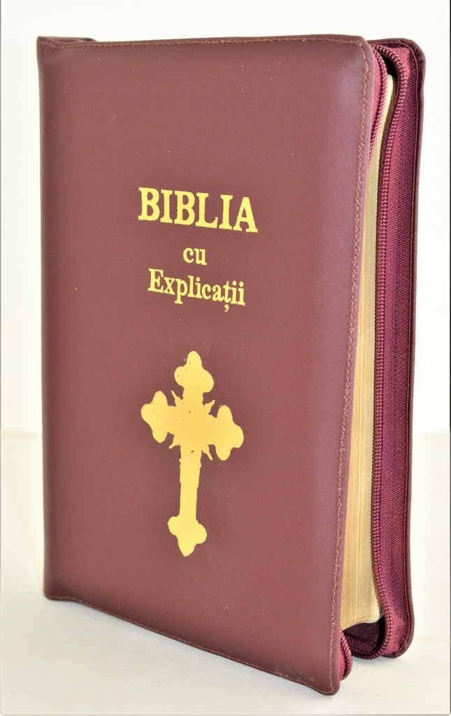 Biblia cu explicatii + concordanta biblica, piele naturala, visiniu inchis, fermoar, fara index, aurita, cuv. lui Isus cu rosu, simbol cruce [CO 77 PF]