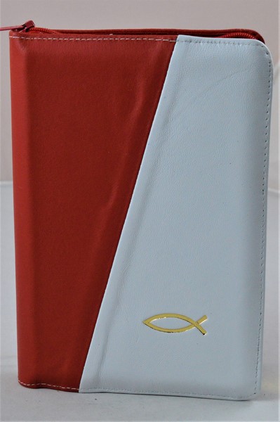 Biblia din piele, medie, rosu/alb, fermoar, aurita, simbol peste, cuv. lui Isus cu rosu [052]