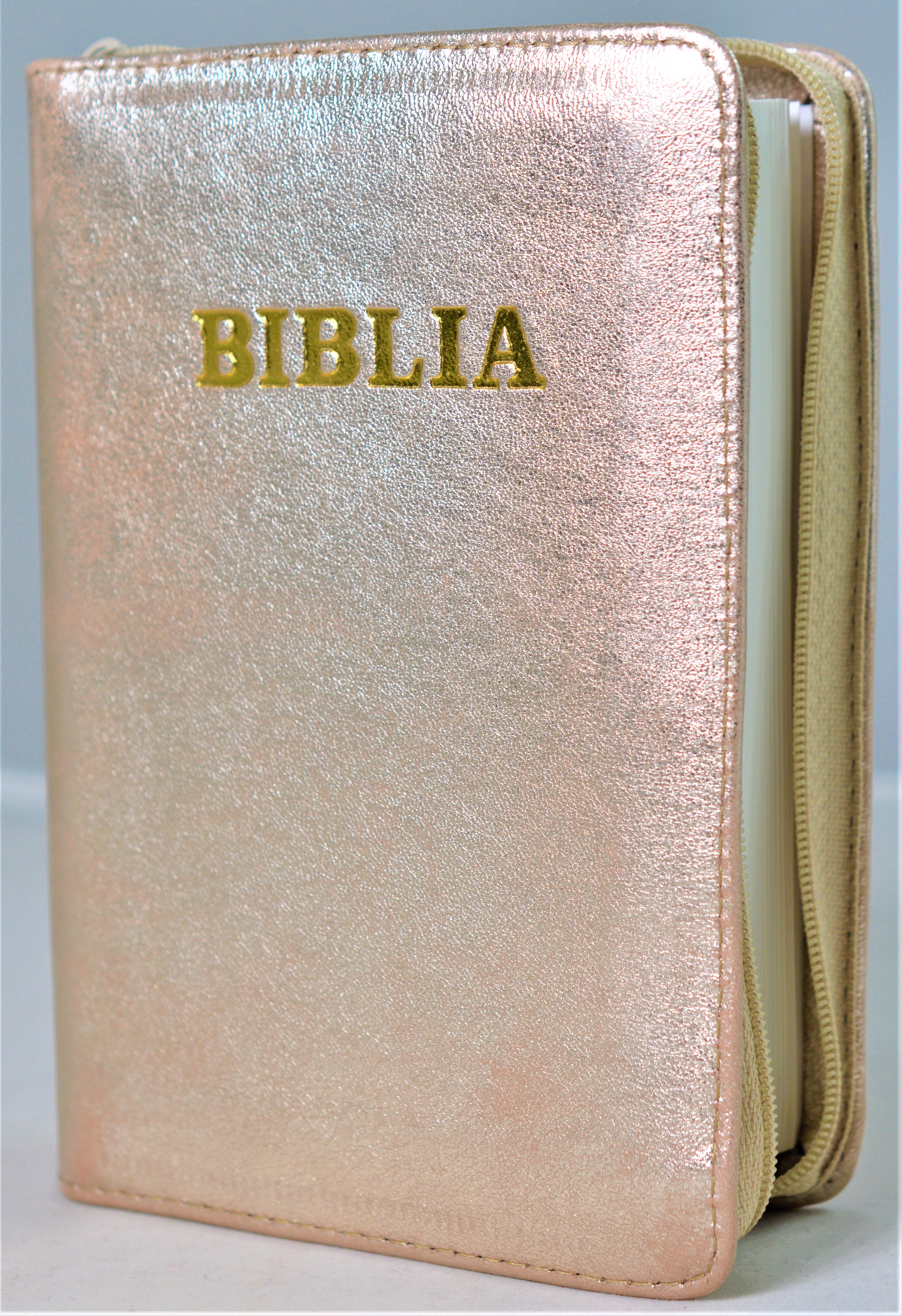 Biblie din piele, mica, culoare auriu sidefat, fermoar, margini albe, cuv. lui Isus in rosu [043 PF]