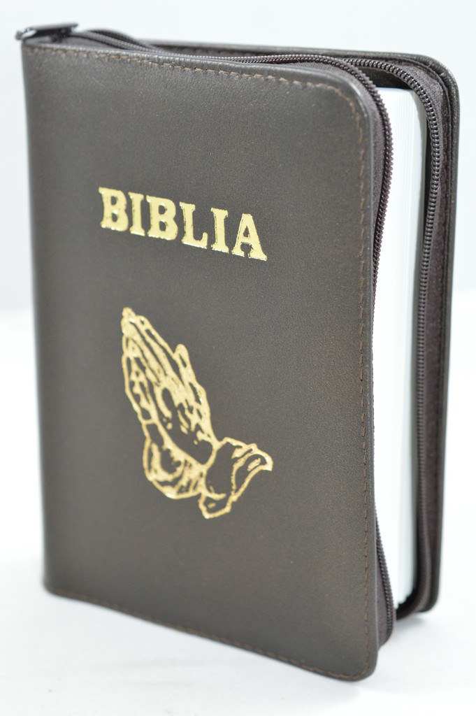 Biblie din piele, mica, maro sidefat, fermoar, margini albe, simbolul maini in ruga, cuv. lui Isus in rosu [043 PF]