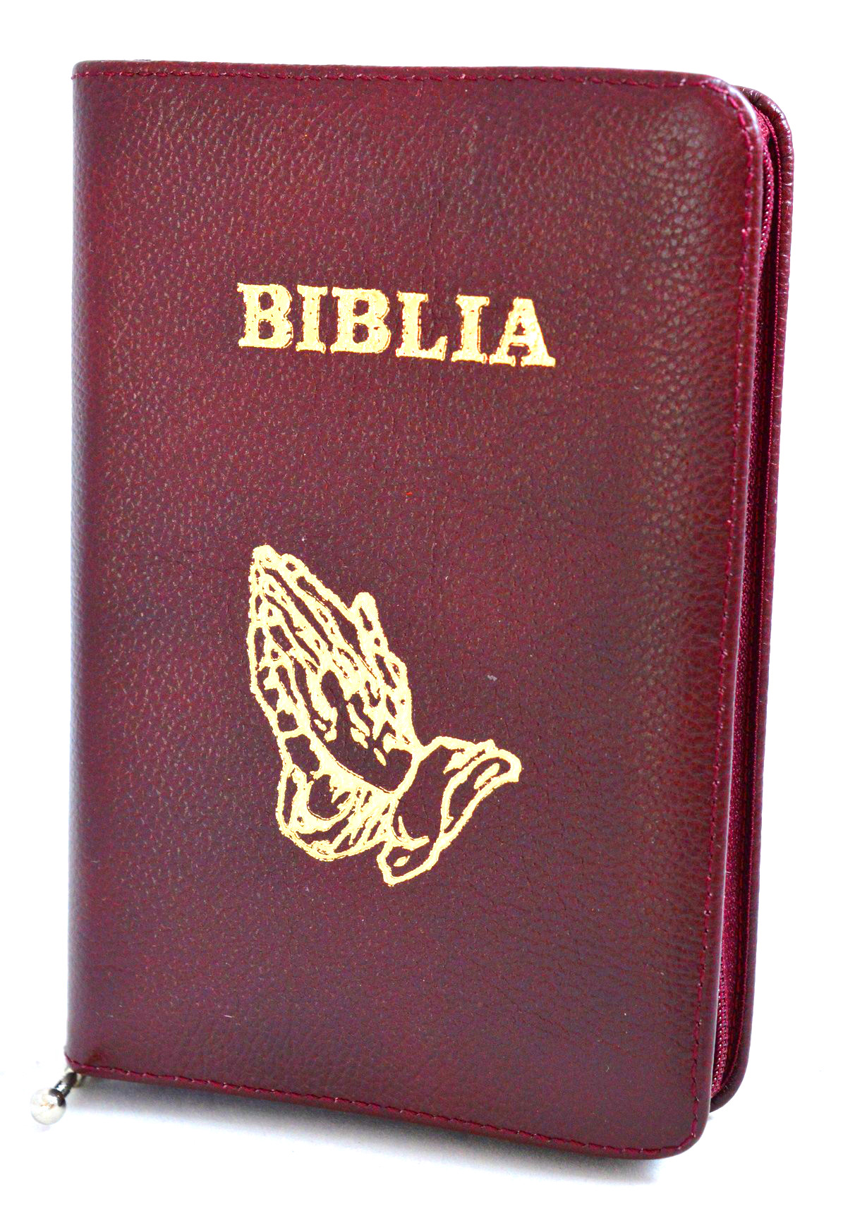 Biblie marime mica, din piele, culoare visinie, simbol maini, fermoar [043 PF]