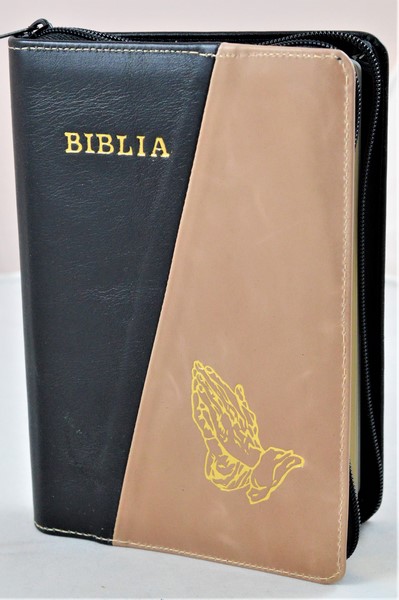 Biblia din piele, medie, negru/bronz, fermoar, aurita, simbolul maini in ruga, cuv. lui Isus cu rosu [052]