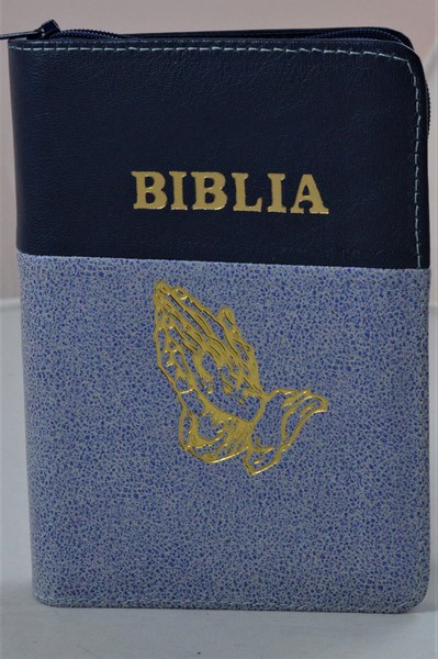 Biblia format mic, din piele, culoare bleumarin/alb cu albastru metalizat, index, fermoar, margini argintii, simbolul peste, cuv. lui Isus in rosu [047 PFI]