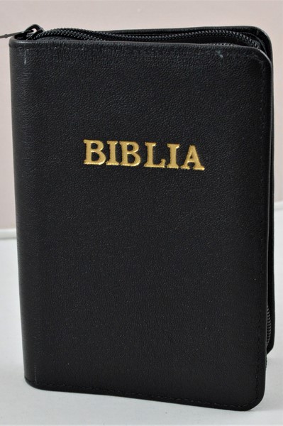 Biblie din piele, mica, neagra, fermoar, margini albe, cuv. lui Isus in rosu [043 PF]