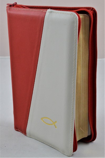 Biblia din piele, medie, rosu/ivory, fermoar, aurita, simbol peste, cuv. lui Isus cu rosu [052]