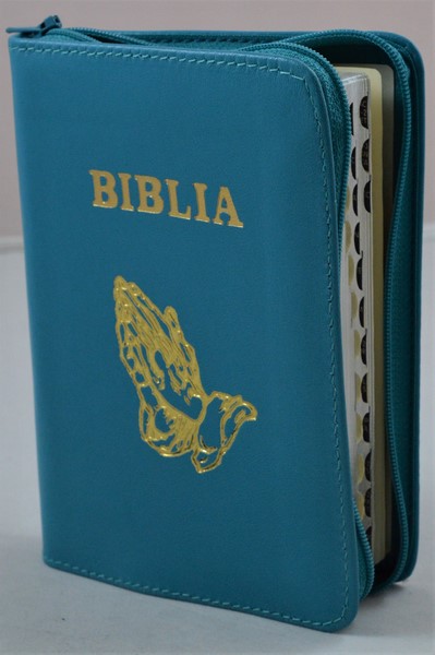 Biblia format mic, din piele, culoare turcoaz, index, fermoar, margini argintii,simbolul maini in ruga, cuv. lui Isus in rosu [047 PFI]