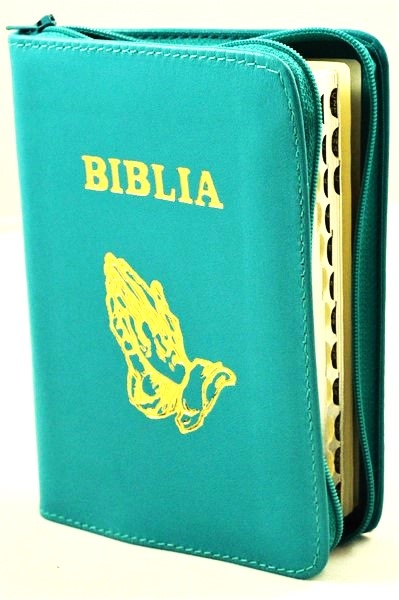 Biblia mica, coperta piele, turcoaz deschis, index, fermoar, margini aurii, simbolul maini, cuv. lui Isus in rosu [047 PFI]