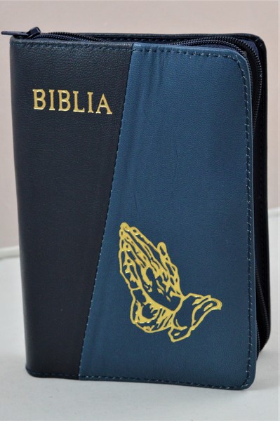 Biblie din piele, mica, bleumaren/albastru metal inchis, fermoar, margini albe, simbolul maini in ruga, cuv. lui Isus in rosu [043 PF]