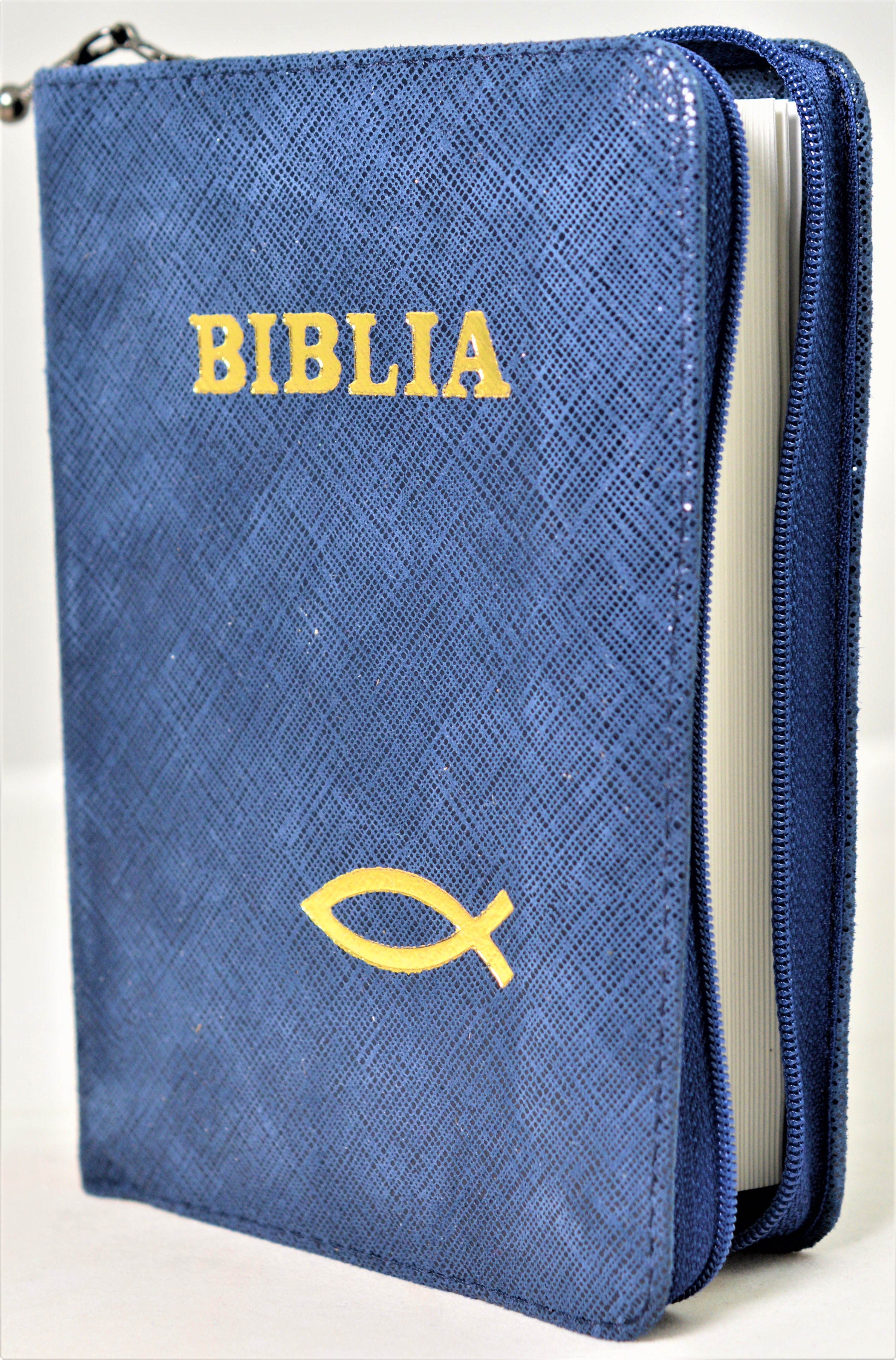 Biblie din piele, mica, culoare bleumarin texturat , fermoar, margini albe, simbolul peste, cuv. lui Isus in rosu [043 PF]