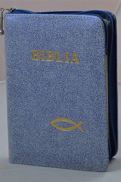 Biblia format mic, din piele, culoare alb cu albastru metalizat, index, fermoar, margini argintii,simbolul peste, cuv. lui Isus in rosu [047 PFI]