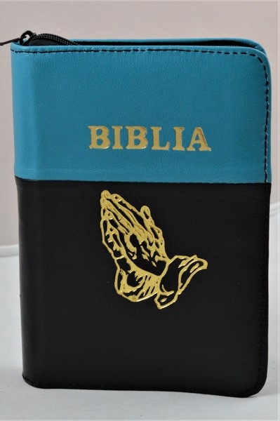 Biblia format mic, din piele, turcoaz-negru, index, fermoar, margini argintii, simbol maini, cuv. lui Isus in rosu [047 PFI]