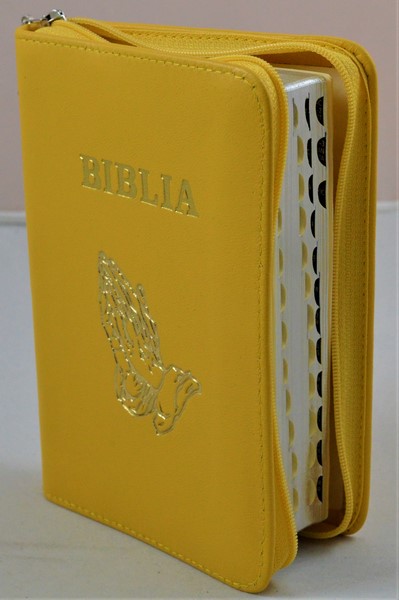 Biblia format mic, din piele, culoare galbena, index, fermoar, margini argintii,simbolul maini in ruga, cuv. lui Isus in rosu [047 PFI]