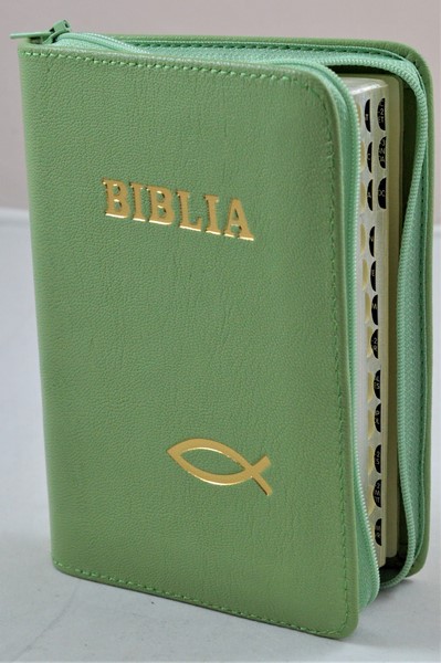 Biblia format mic, din piele, culoare verde, index, fermoar, margini argintii,simbolul peste, cuv. lui Isus in rosu [047 PFI]