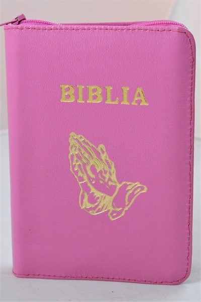Biblia format mic, din piele, culoare roz, index, fermoar, margini argintii,simbolul maini in ruga, cuv. lui Isus in rosu [047 PFI]