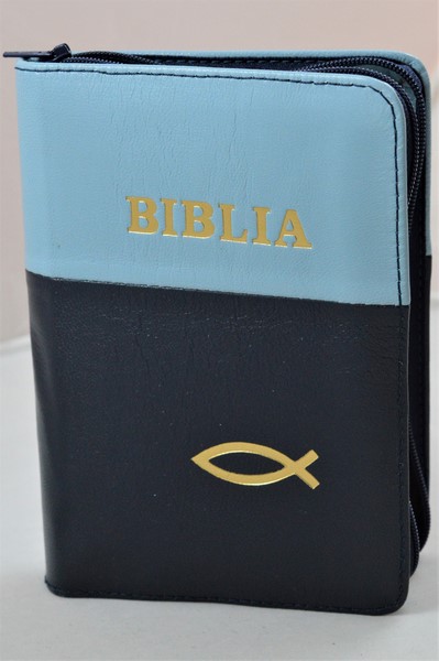 Biblie din piele, mica, bleumaren/albastru  , fermoar, margini albe, simbolul peste, cuv. lui Isus in rosu [043 PF]
